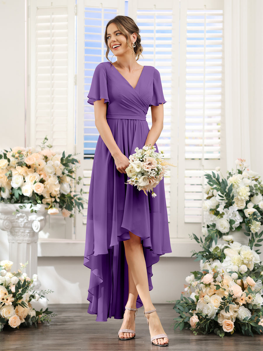A-Line V-Neck Short Sleeves Ruched Asymmetrical Chiffon Bridesmaid Dresses Purple