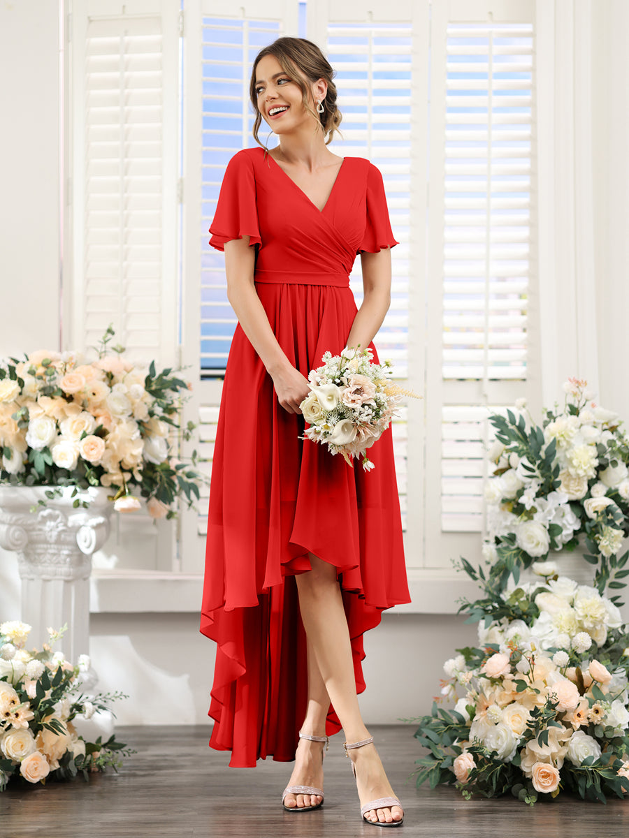 A-Line V-Neck Short Sleeves Ruched Asymmetrical Chiffon Bridesmaid Dresses Red