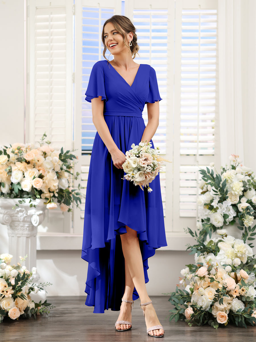 A-Line V-Neck Short Sleeves Ruched Asymmetrical Chiffon Bridesmaid Dresses Royal Blue