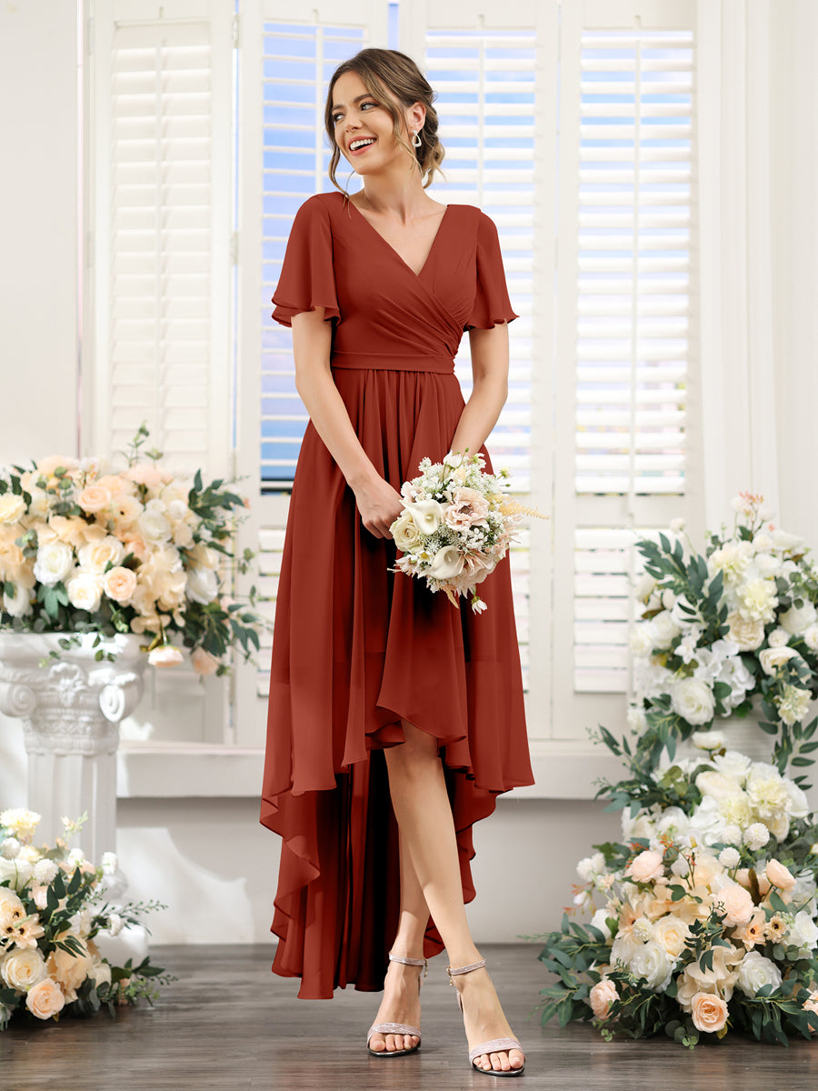 A-Line V-Neck Short Sleeves Ruched Asymmetrical Chiffon Bridesmaid Dresses Rust