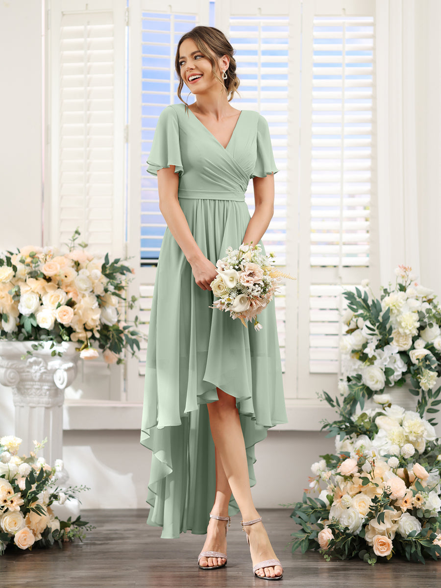 A-Line V-Neck Short Sleeves Ruched Asymmetrical Chiffon Bridesmaid Dresses Sage