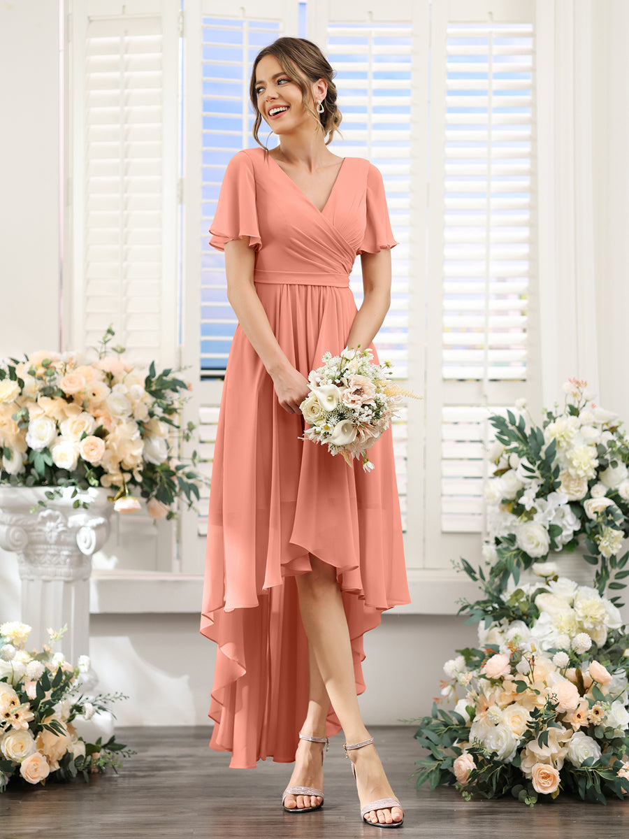 A-Line V-Neck Short Sleeves Ruched Asymmetrical Chiffon Bridesmaid Dresses Salmon