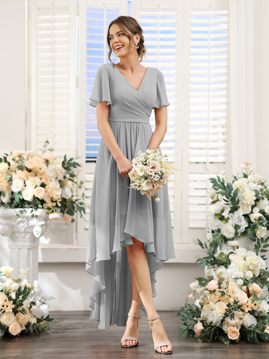 A-Line V-Neck Short Sleeves Ruched Asymmetrical Chiffon Bridesmaid Dresses Silver