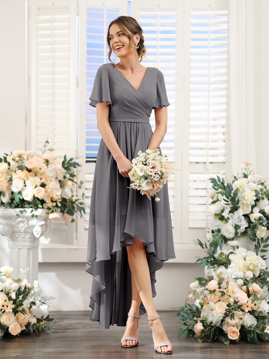 A-Line V-Neck Short Sleeves Ruched Asymmetrical Chiffon Bridesmaid Dresses Silver Gray