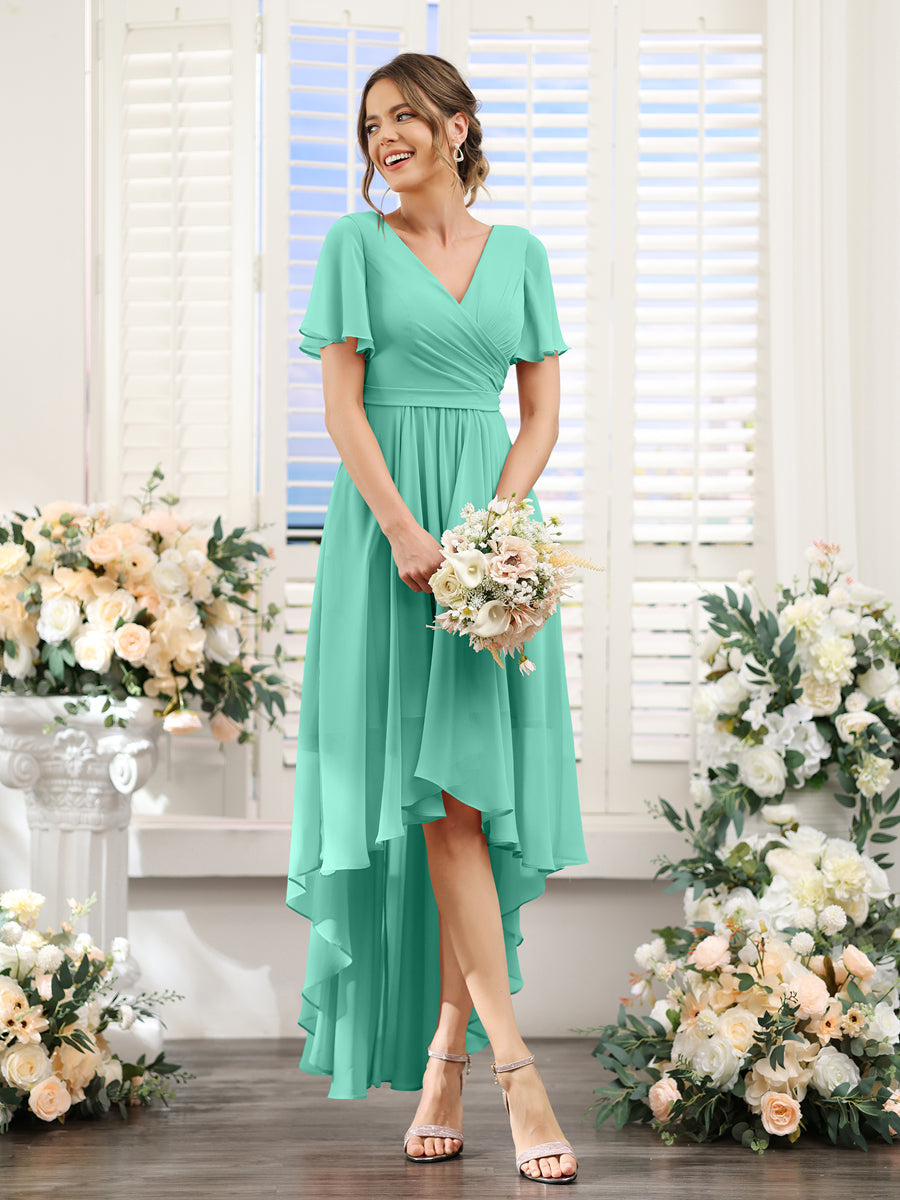 A-Line V-Neck Short Sleeves Ruched Asymmetrical Chiffon Bridesmaid Dresses Spa