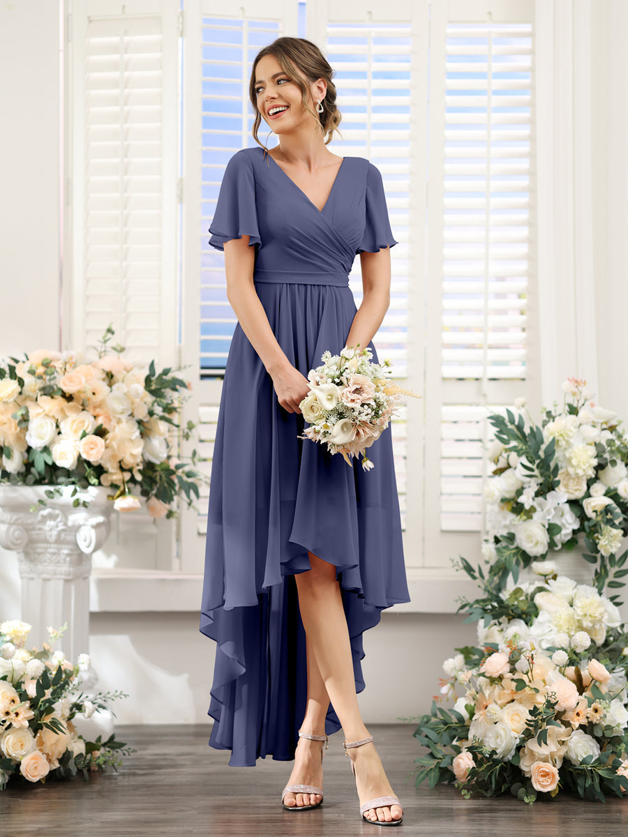 A-Line V-Neck Short Sleeves Ruched Asymmetrical Chiffon Bridesmaid Dresses Stormy Blue