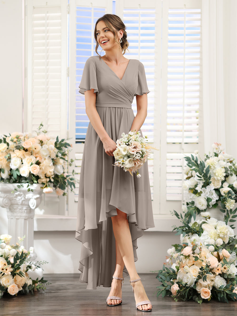 A-Line V-Neck Short Sleeves Ruched Asymmetrical Chiffon Bridesmaid Dresses Taupe