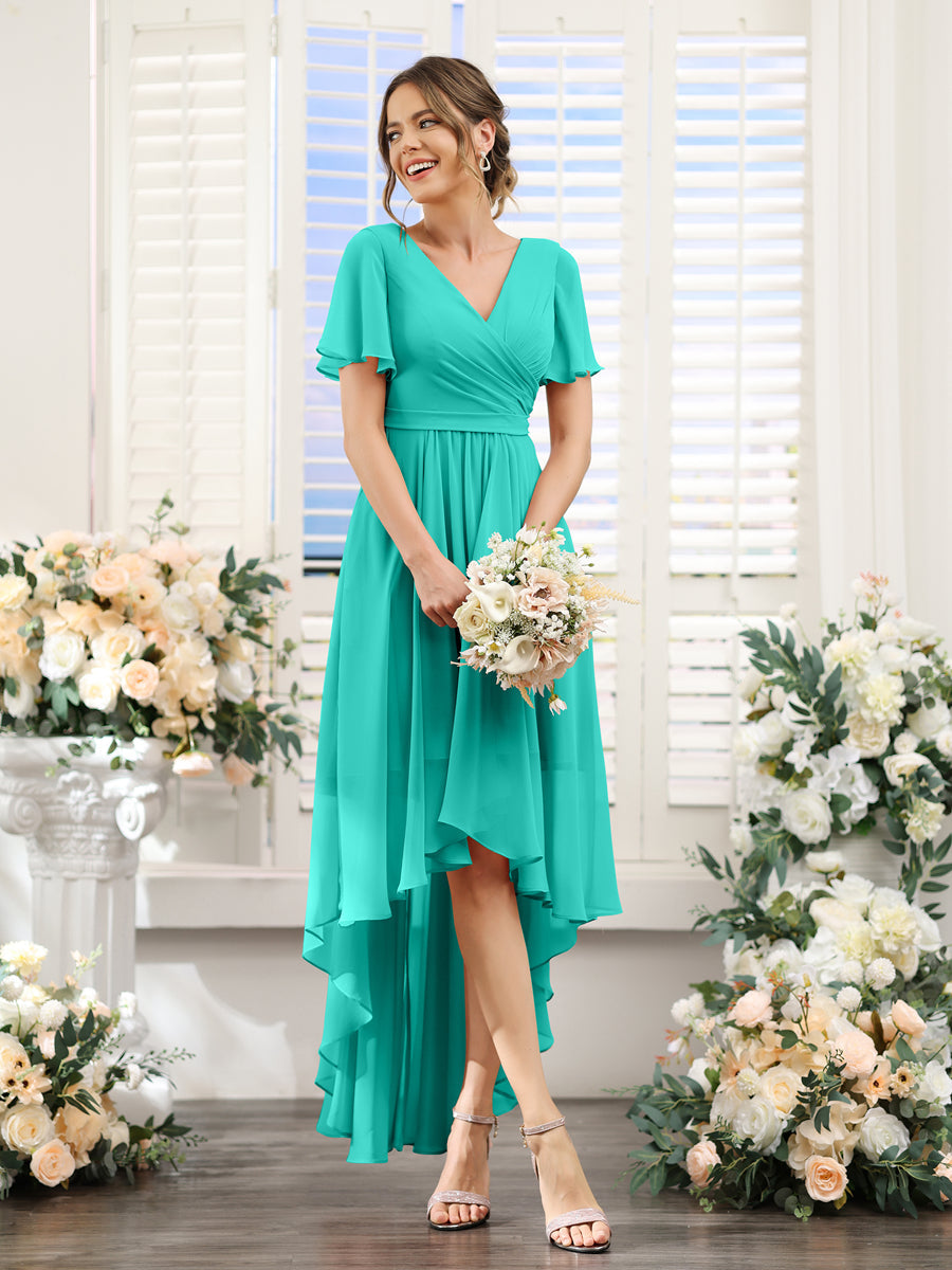 A-Line V-Neck Short Sleeves Ruched Asymmetrical Chiffon Bridesmaid Dresses Turquoise