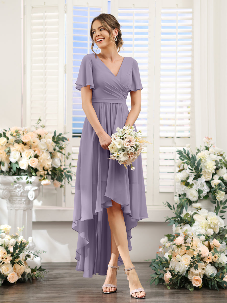 A-Line V-Neck Short Sleeves Ruched Asymmetrical Chiffon Bridesmaid Dresses Wisteria