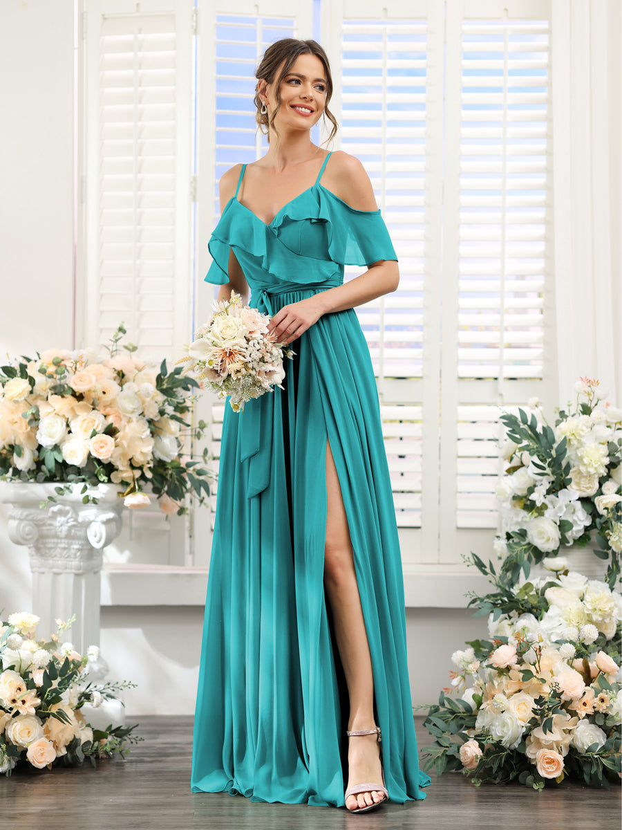 A-Line V-Neck Spaghetti Straps Chiffon Bridesmaid Dresses with Pockets Aqua Blue
