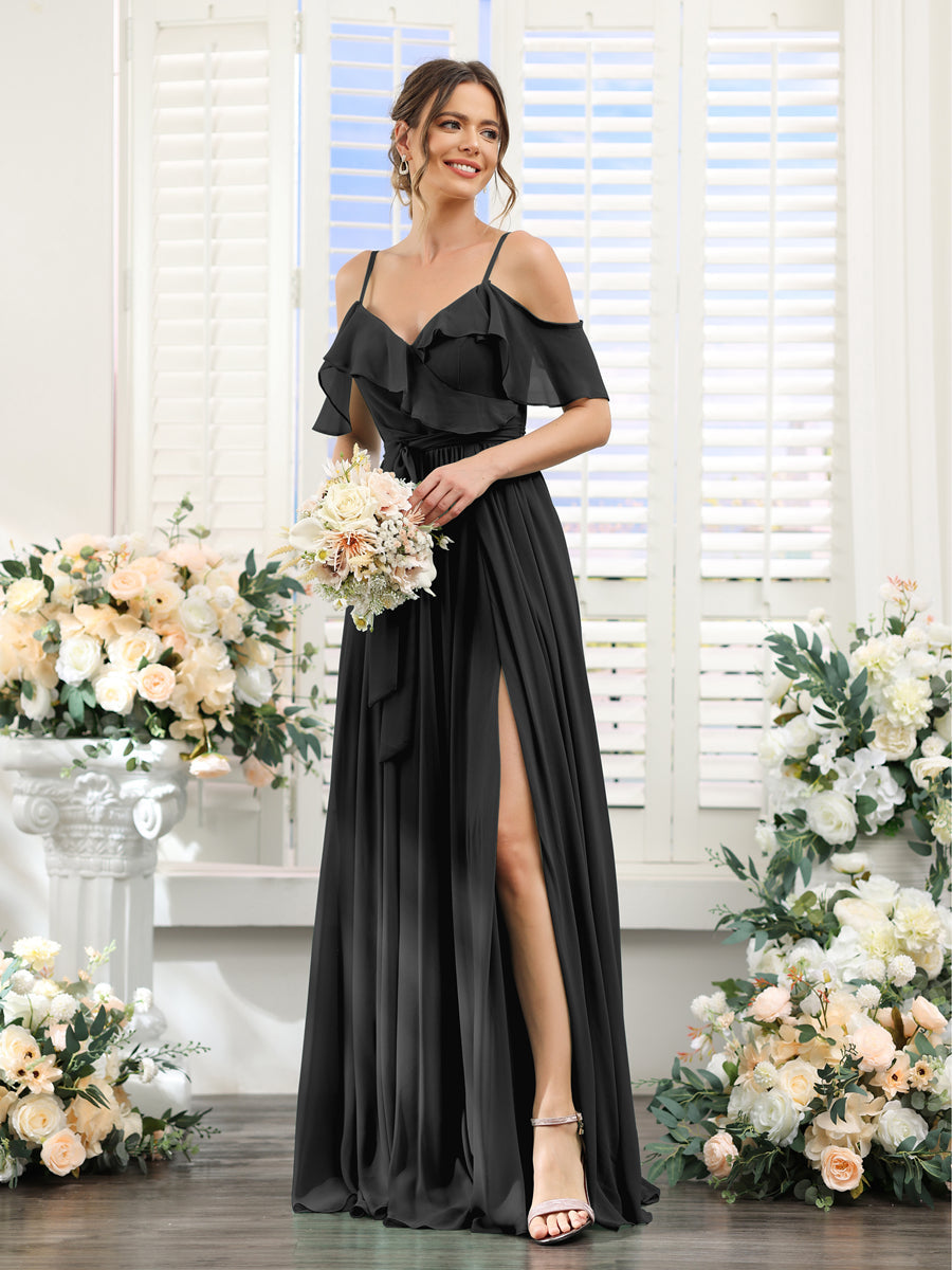 A-Line V-Neck Spaghetti Straps Chiffon Bridesmaid Dresses with Pockets Black