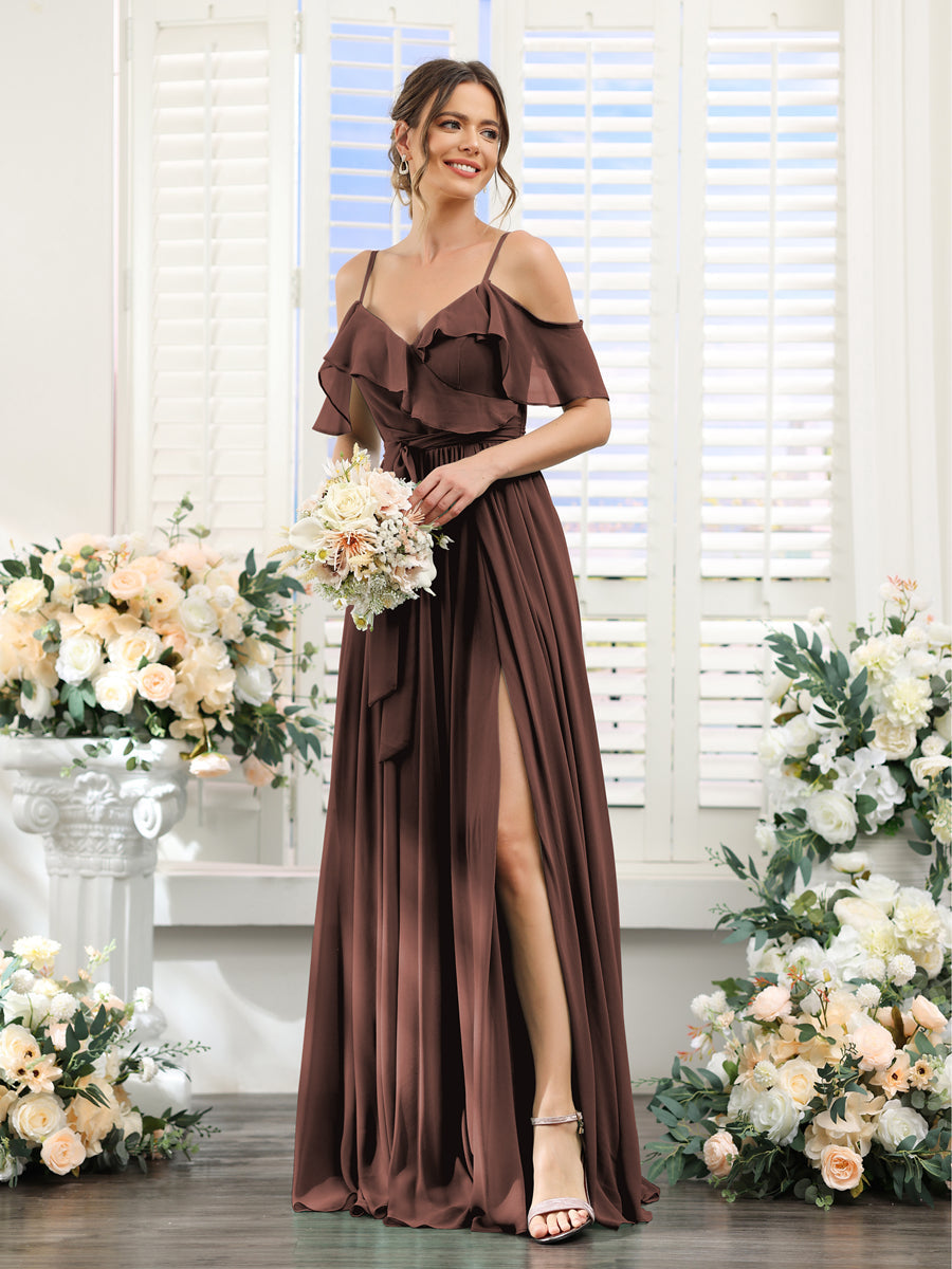 A-Line V-Neck Spaghetti Straps Chiffon Bridesmaid Dresses with Pockets Brown