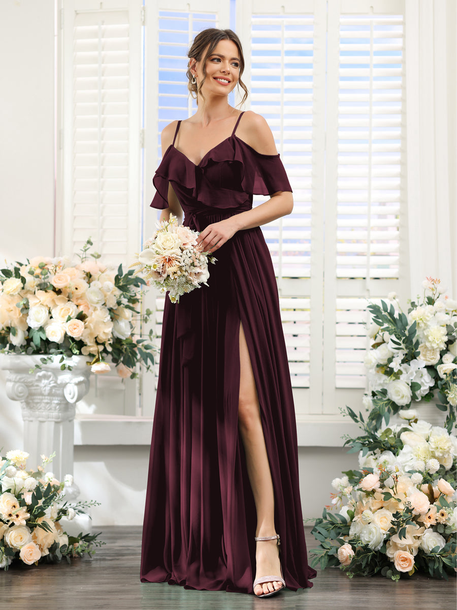 A-Line V-Neck Spaghetti Straps Chiffon Bridesmaid Dresses with Pockets Burgundy