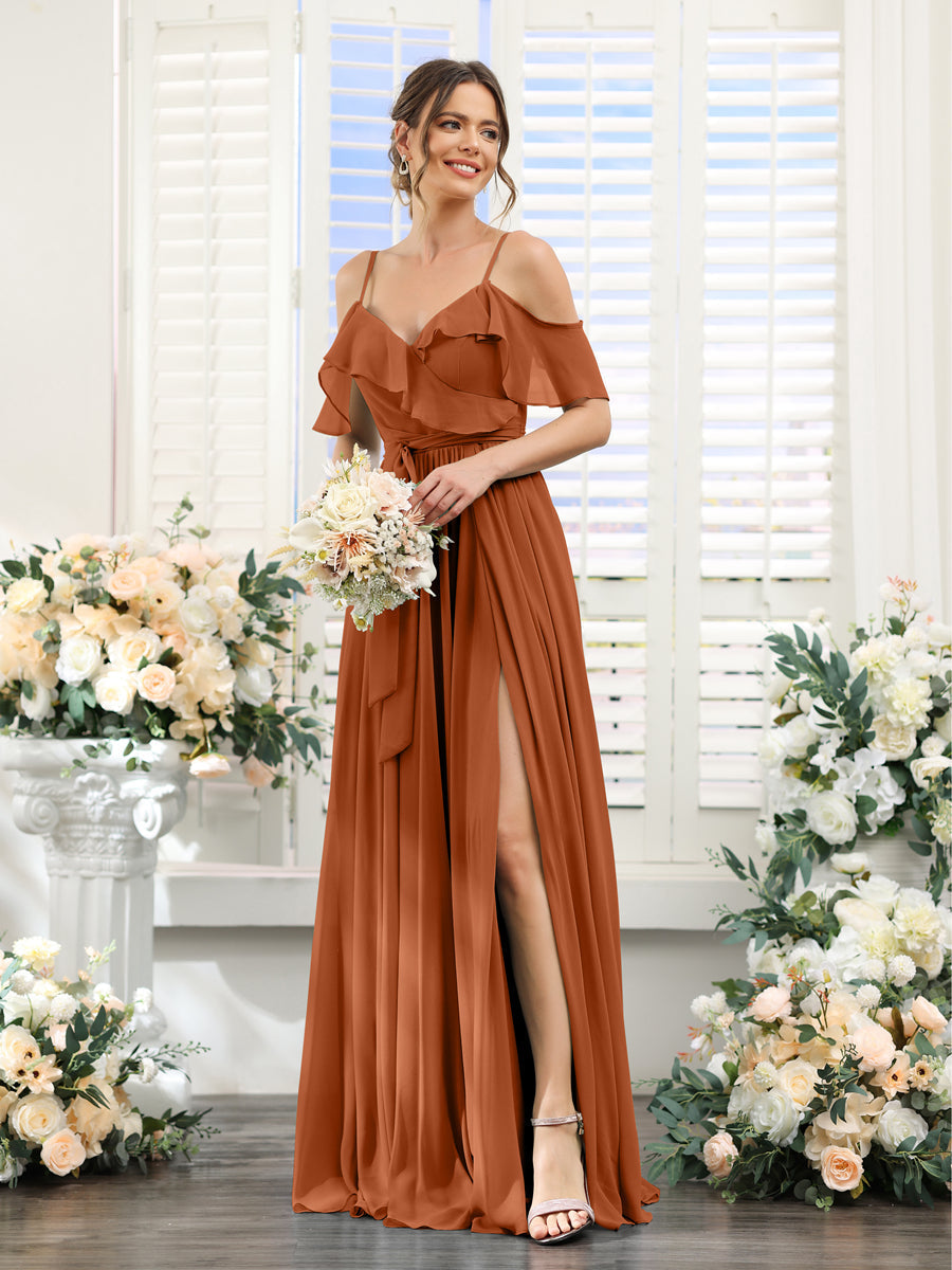 A-Line V-Neck Spaghetti Straps Chiffon Bridesmaid Dresses with Pockets Burnt Orange
