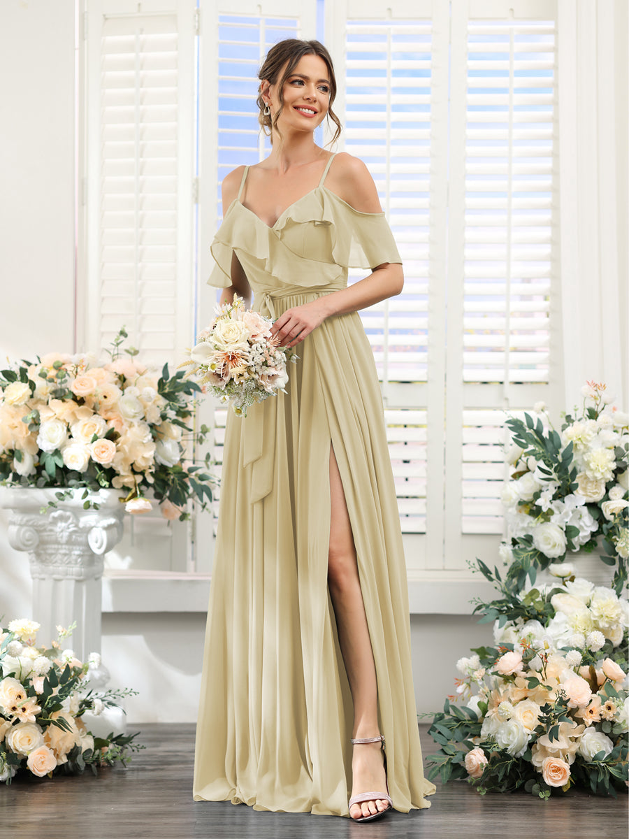 A-Line V-Neck Spaghetti Straps Chiffon Bridesmaid Dresses with Pockets Champagne