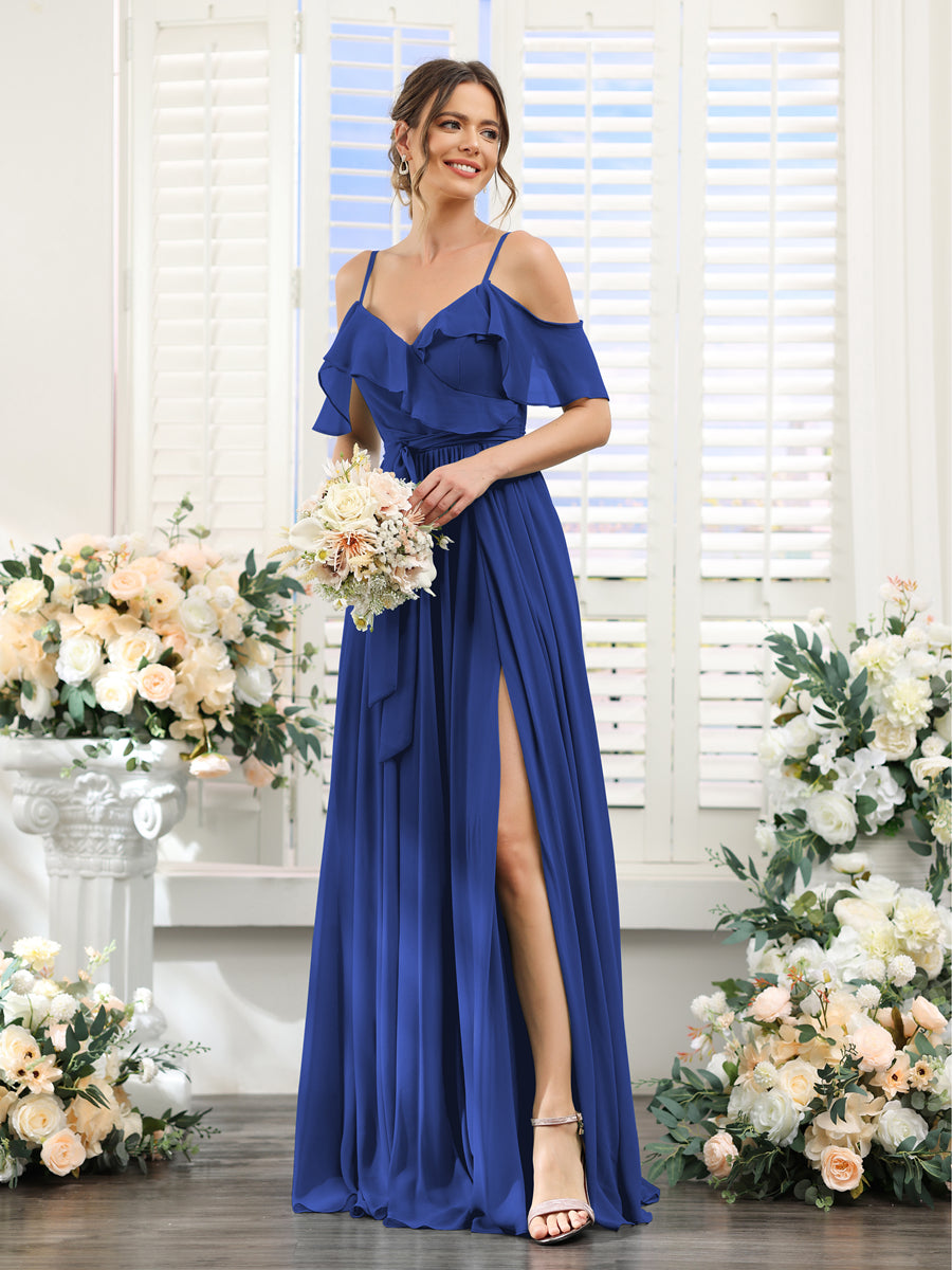 A-Line V-Neck Spaghetti Straps Chiffon Bridesmaid Dresses with Pockets Dark Royal Blue