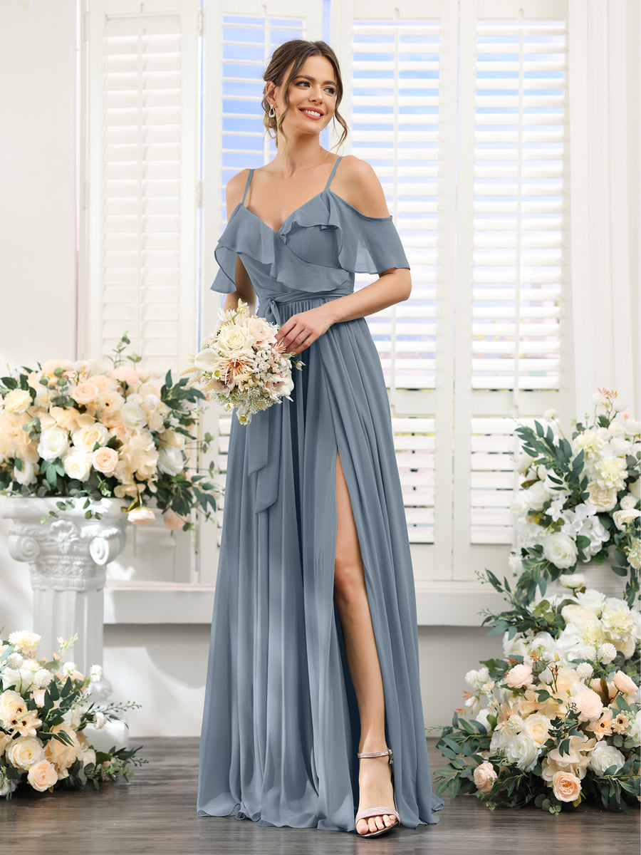 A-Line V-Neck Spaghetti Straps Chiffon Bridesmaid Dresses with Pockets Dusty Blue