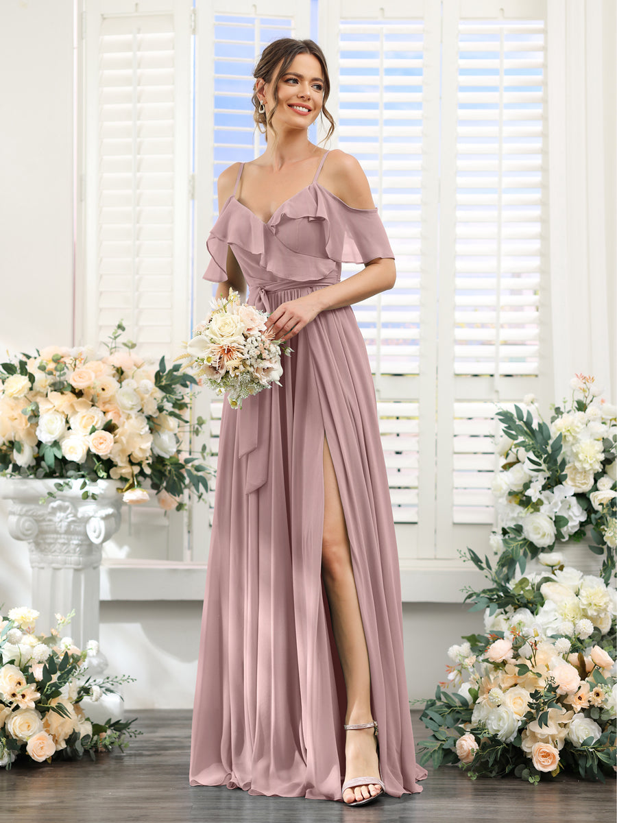 A-Line V-Neck Spaghetti Straps Chiffon Bridesmaid Dresses with Pockets Dusty Pink
