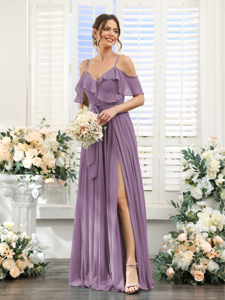 A-Line V-Neck Spaghetti Straps Chiffon Bridesmaid Dresses with Pockets Dusty Purple