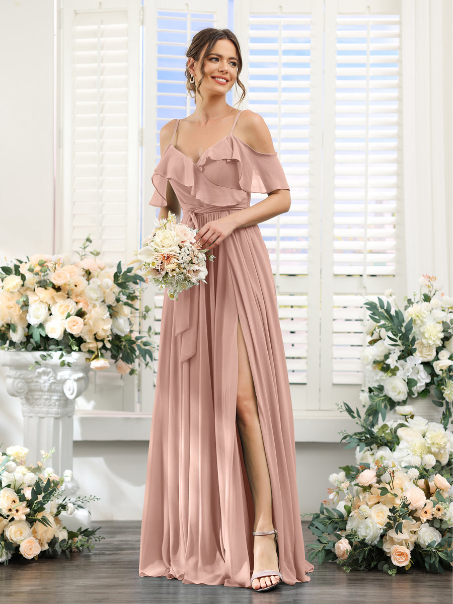 A-Line V-Neck Spaghetti Straps Chiffon Bridesmaid Dresses with Pockets Dusty Rose