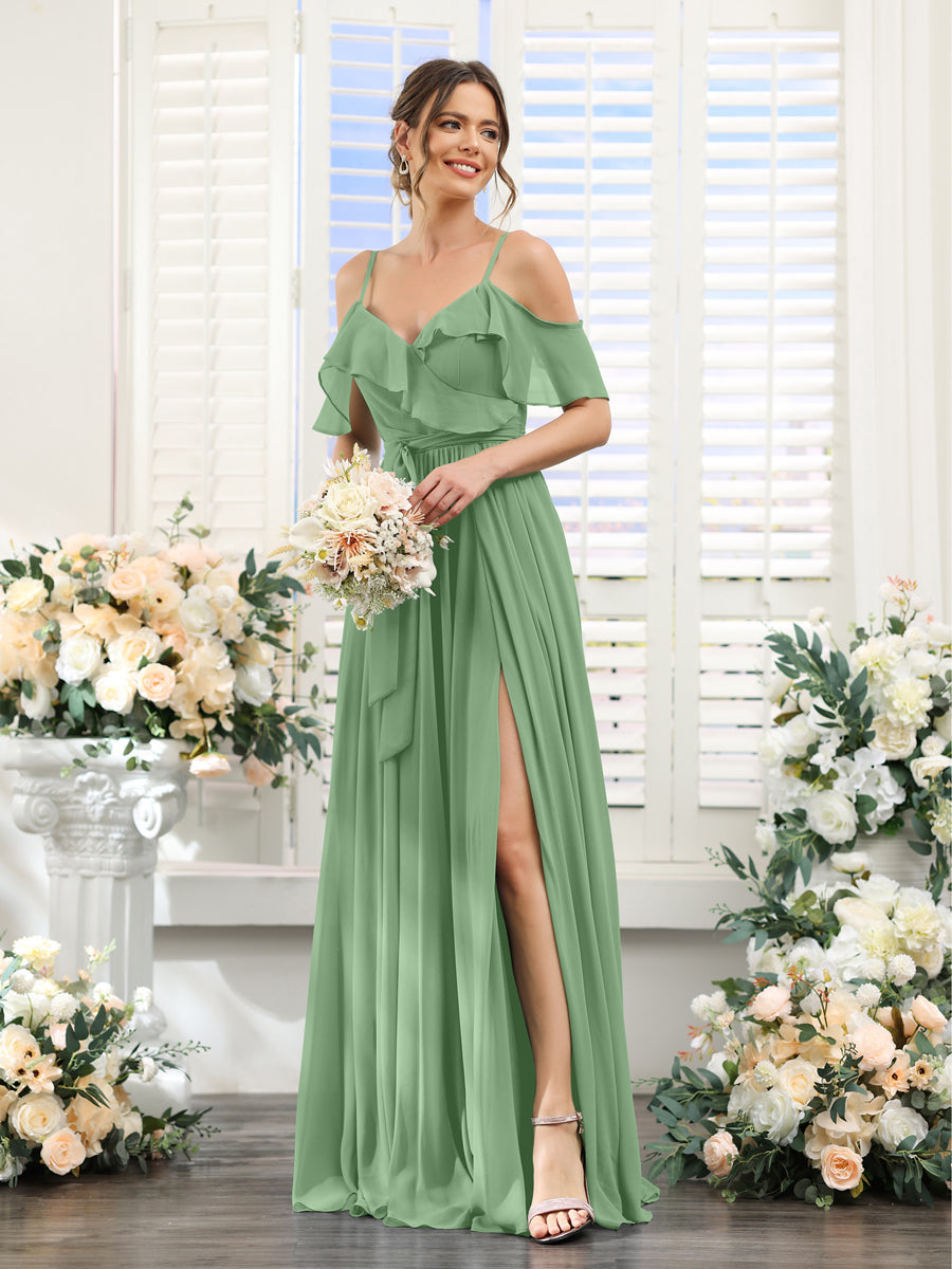 A-Line V-Neck Spaghetti Straps Chiffon Bridesmaid Dresses with Pockets Dusty Sage
