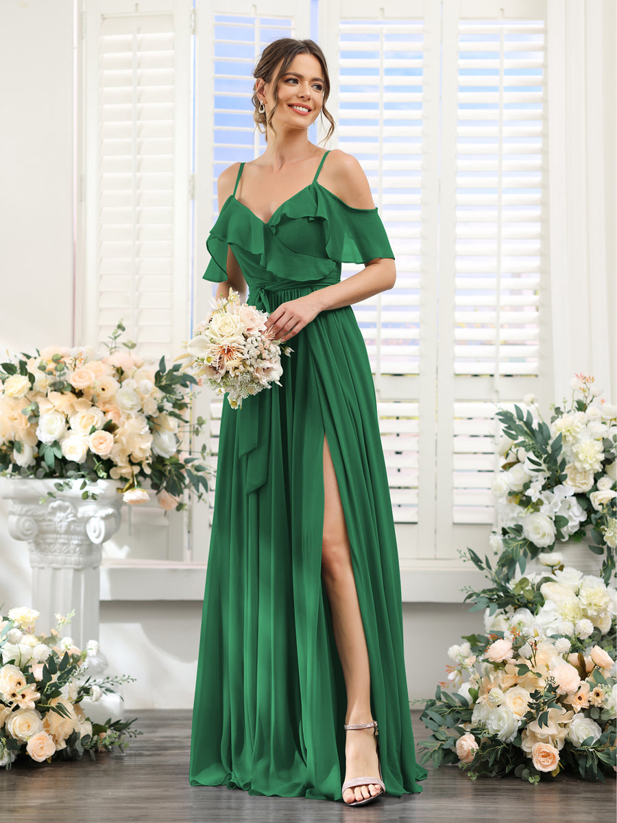 A-Line V-Neck Spaghetti Straps Chiffon Bridesmaid Dresses with Pockets Emerald