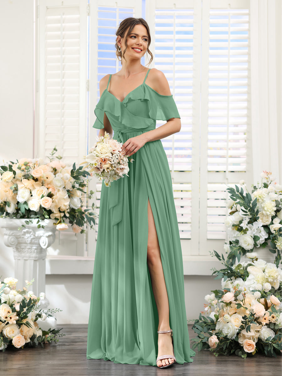 A-Line V-Neck Spaghetti Straps Chiffon Bridesmaid Dresses with Pockets Eucalyptus