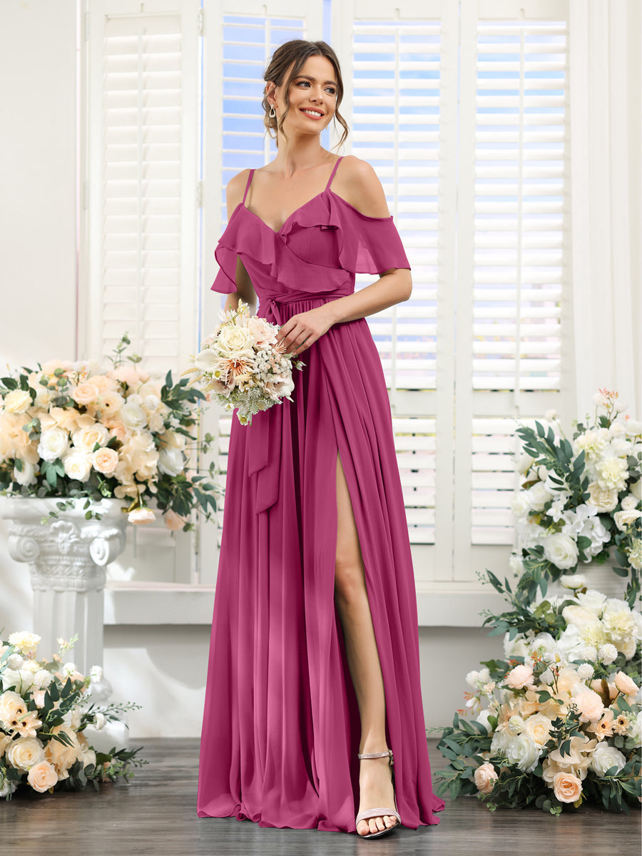 A-Line V-Neck Spaghetti Straps Chiffon Bridesmaid Dresses with Pockets Fuchsia