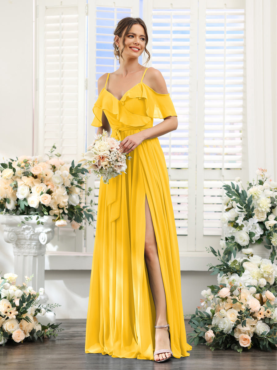 A-Line V-Neck Spaghetti Straps Chiffon Bridesmaid Dresses with Pockets Gold