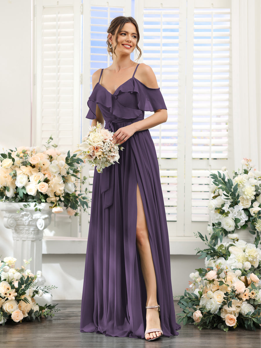 A-Line V-Neck Spaghetti Straps Chiffon Bridesmaid Dresses with Pockets Grape