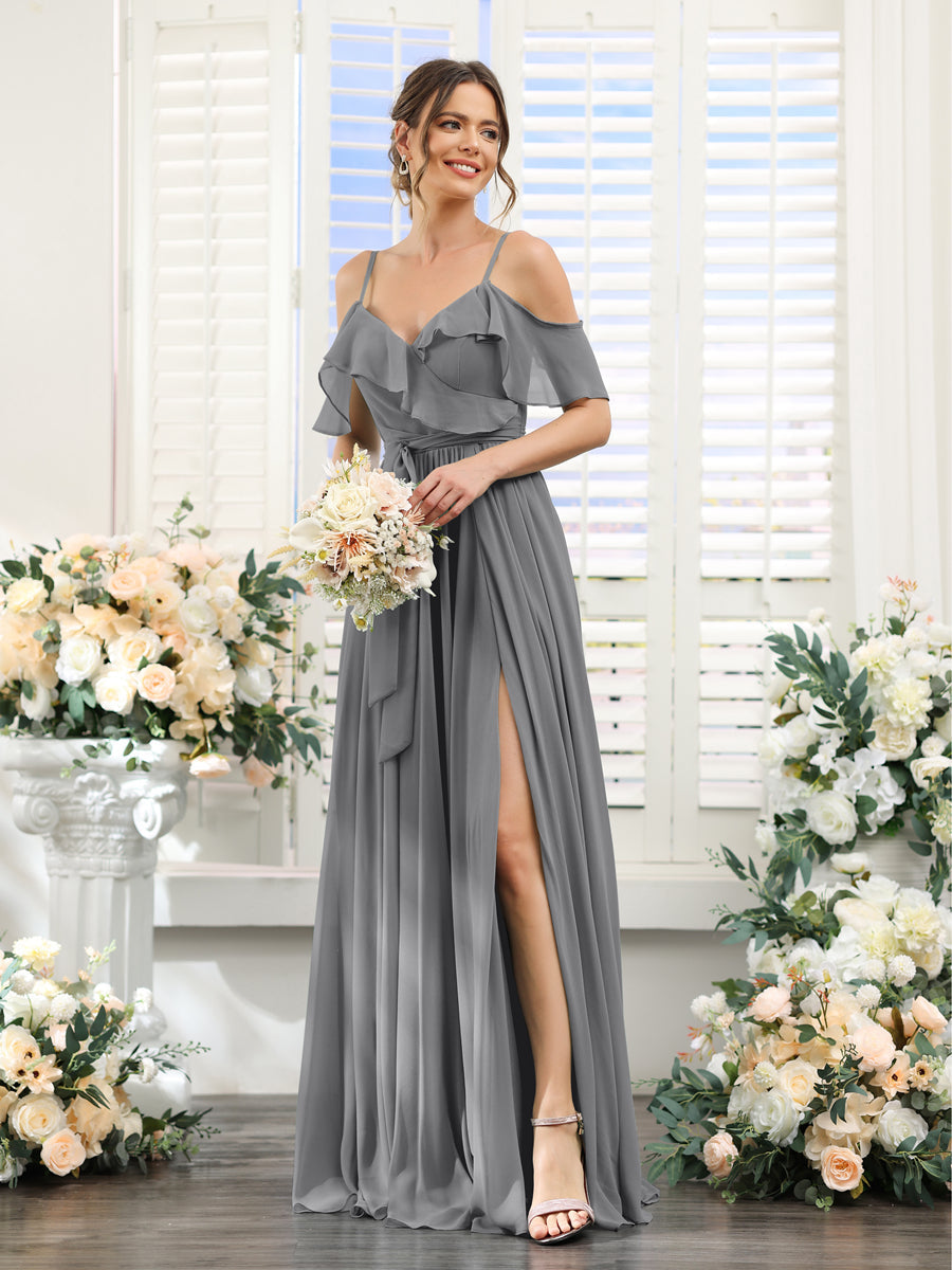 A-Line V-Neck Spaghetti Straps Chiffon Bridesmaid Dresses with Pockets Gray