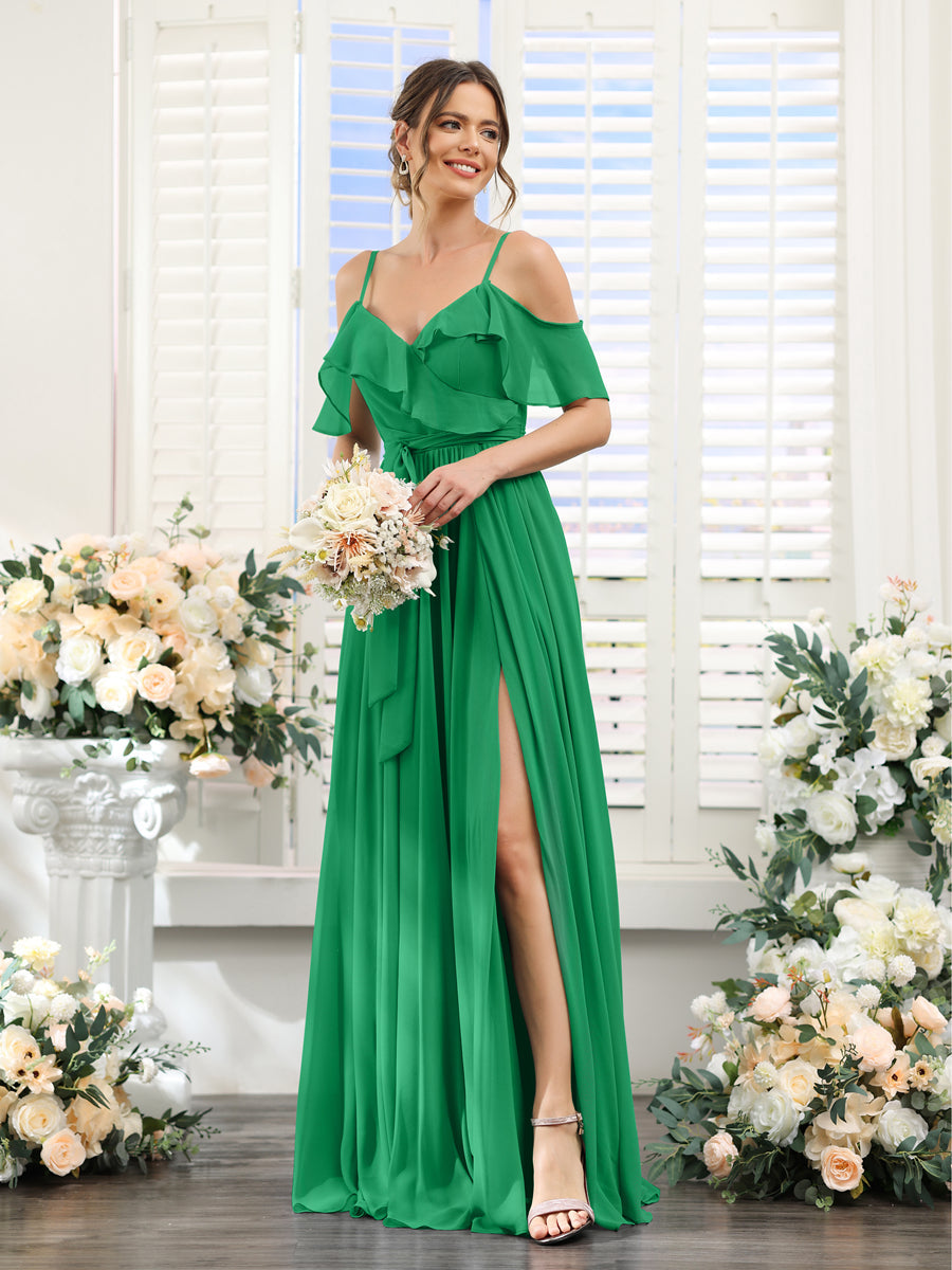 A-Line V-Neck Spaghetti Straps Chiffon Bridesmaid Dresses with Pockets Green