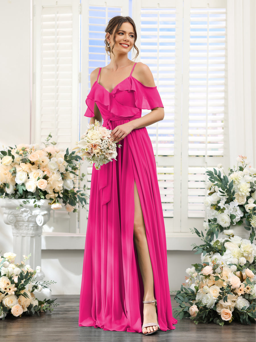 A-Line V-Neck Spaghetti Straps Chiffon Bridesmaid Dresses with Pockets Hot Pink