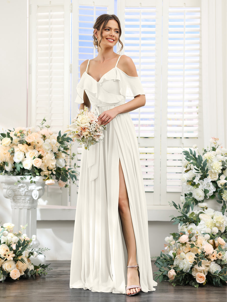 A-Line V-Neck Spaghetti Straps Chiffon Bridesmaid Dresses with Pockets Ivory