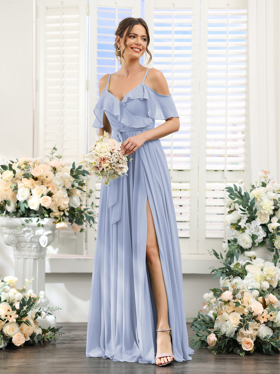 A-Line V-Neck Spaghetti Straps Chiffon Bridesmaid Dresses with Pockets Lavender