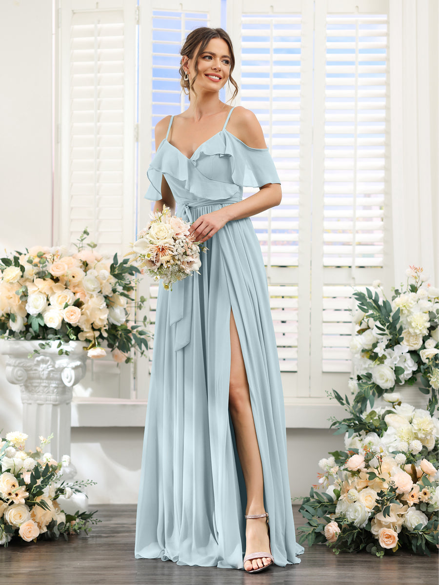 A-Line V-Neck Spaghetti Straps Chiffon Bridesmaid Dresses with Pockets Light Blue