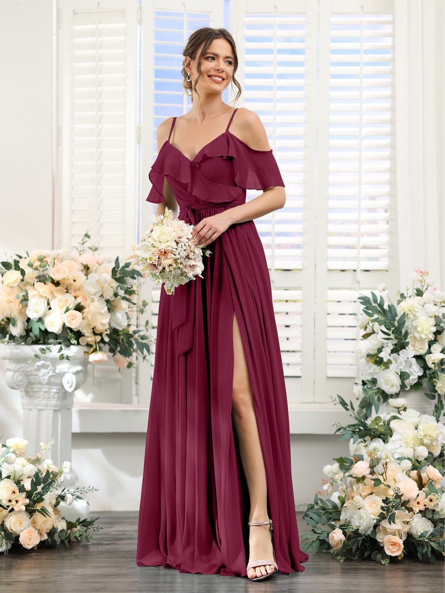 A-Line V-Neck Spaghetti Straps Chiffon Bridesmaid Dresses with Pockets Light Burgundy