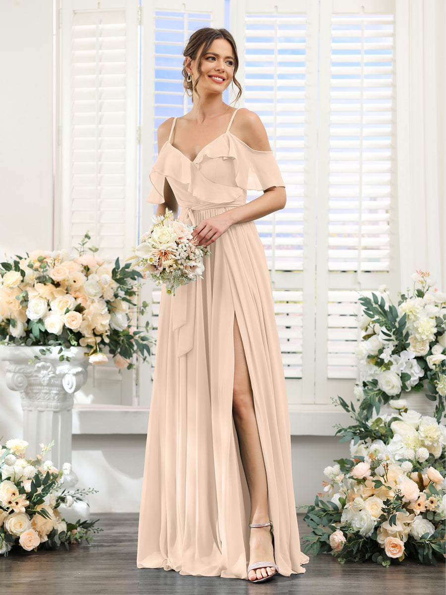 A-Line V-Neck Spaghetti Straps Chiffon Bridesmaid Dresses with Pockets Light Champagne