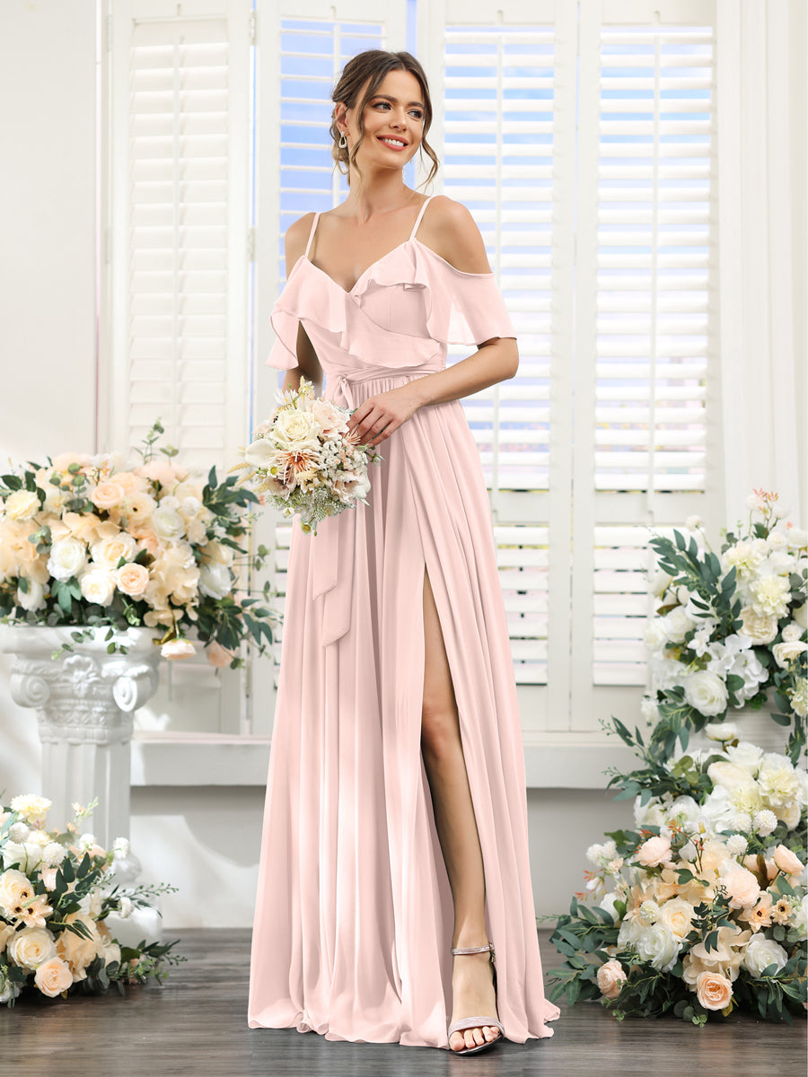 A-Line V-Neck Spaghetti Straps Chiffon Bridesmaid Dresses with Pockets Light Pink