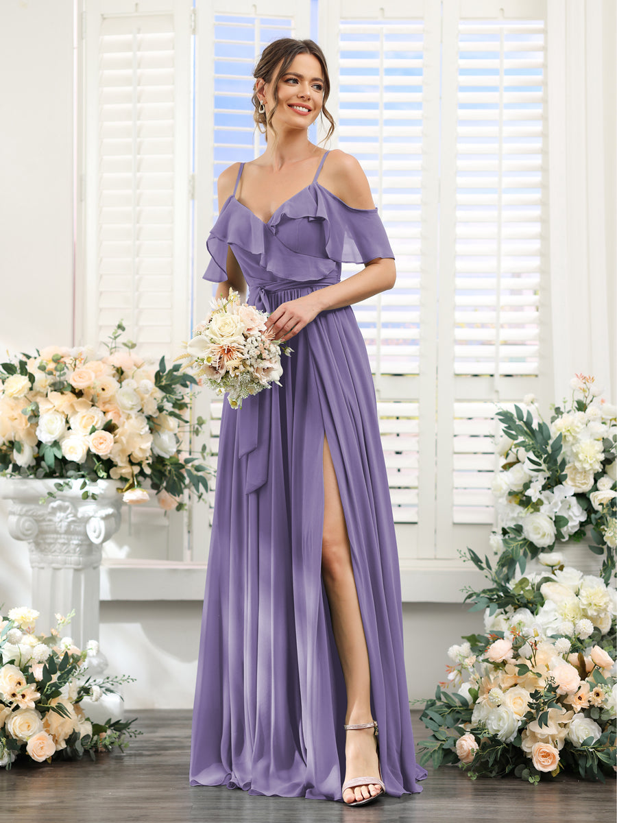 A-Line V-Neck Spaghetti Straps Chiffon Bridesmaid Dresses with Pockets Light Purple