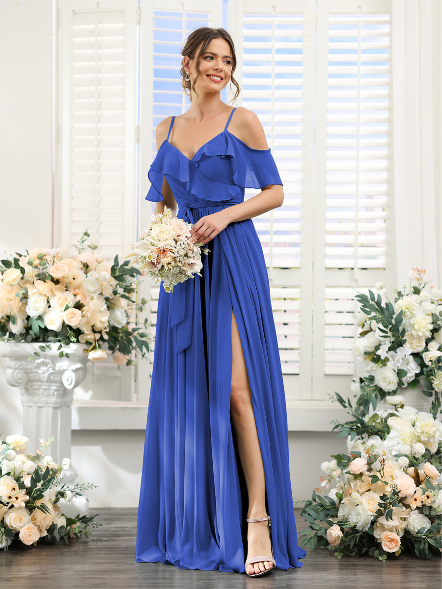 A-Line V-Neck Spaghetti Straps Chiffon Bridesmaid Dresses with Pockets Light Royal Blue