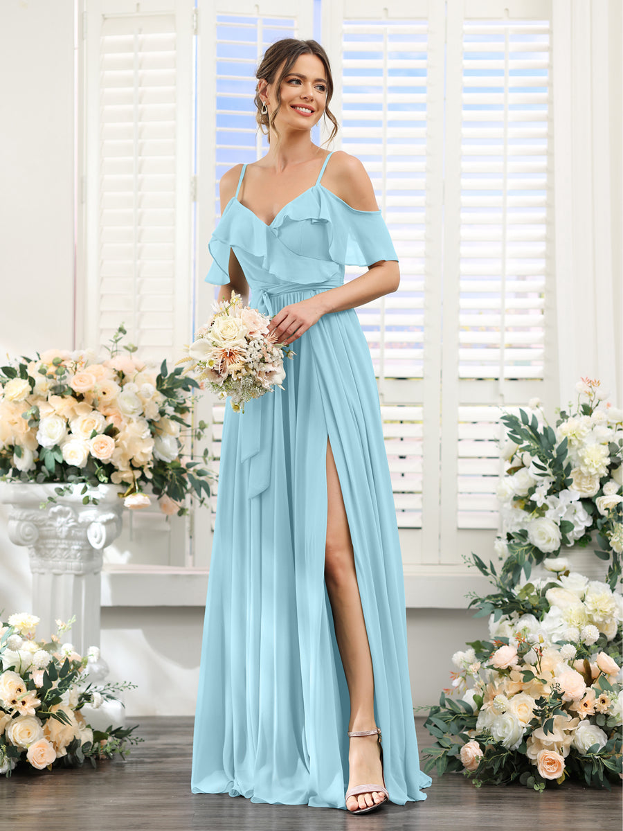 A-Line V-Neck Spaghetti Straps Chiffon Bridesmaid Dresses with Pockets Light Sky Blue