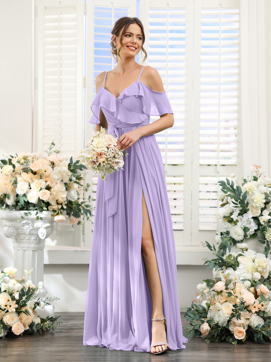 A-Line V-Neck Spaghetti Straps Chiffon Bridesmaid Dresses with Pockets Lilac