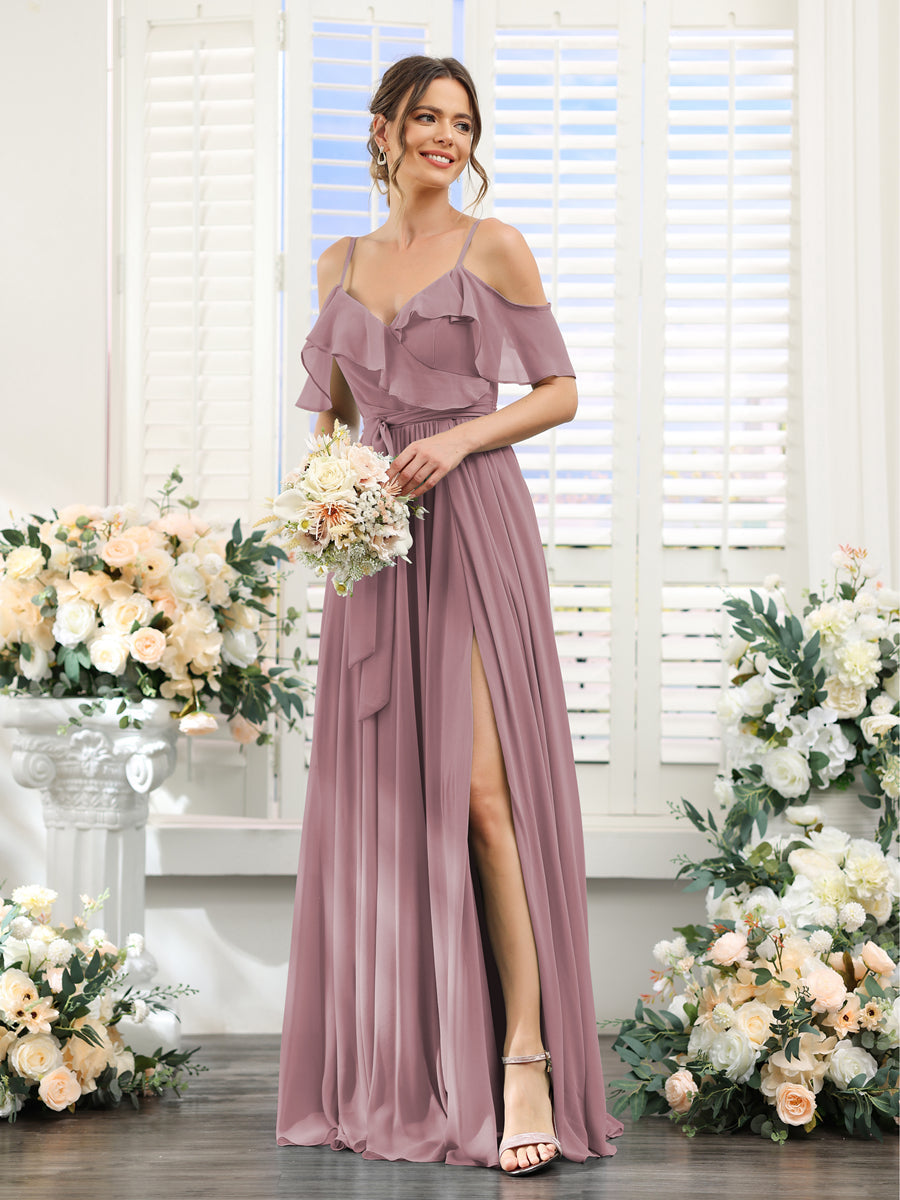 A-Line V-Neck Spaghetti Straps Chiffon Bridesmaid Dresses with Pockets Mauve