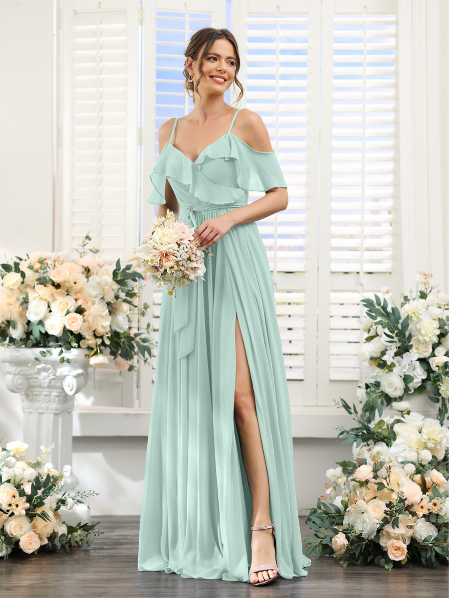 A-Line V-Neck Spaghetti Straps Chiffon Bridesmaid Dresses with Pockets Mist Blue