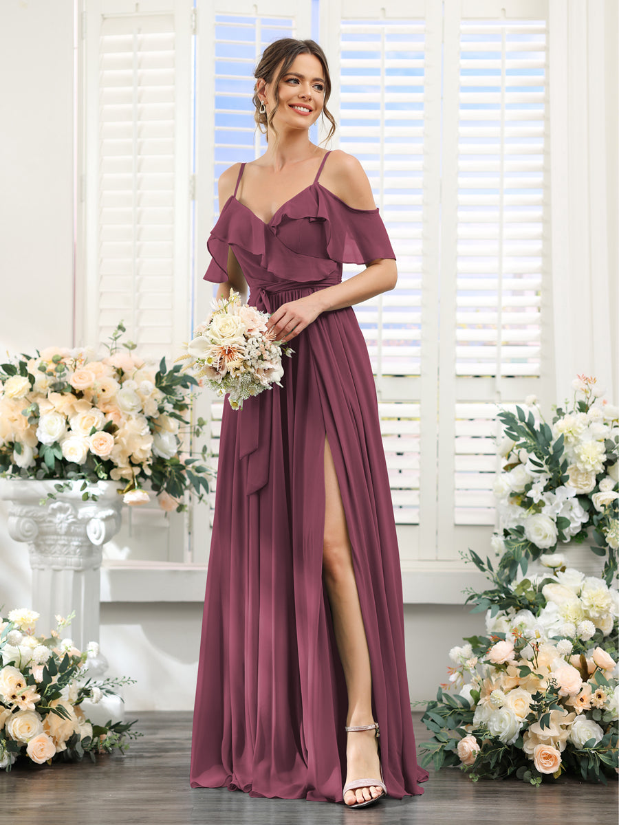 A-Line V-Neck Spaghetti Straps Chiffon Bridesmaid Dresses with Pockets Mulberry