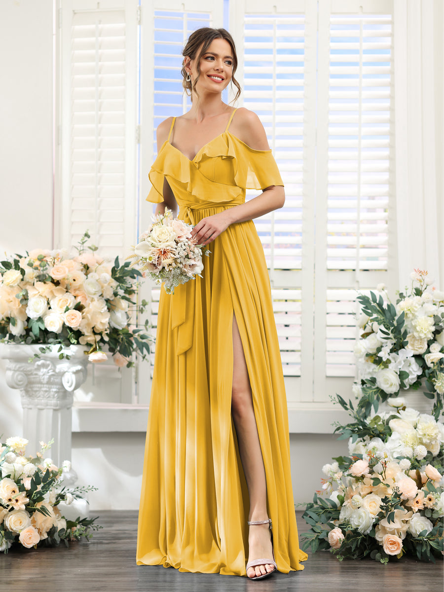 A-Line V-Neck Spaghetti Straps Chiffon Bridesmaid Dresses with Pockets Mustard Yellow