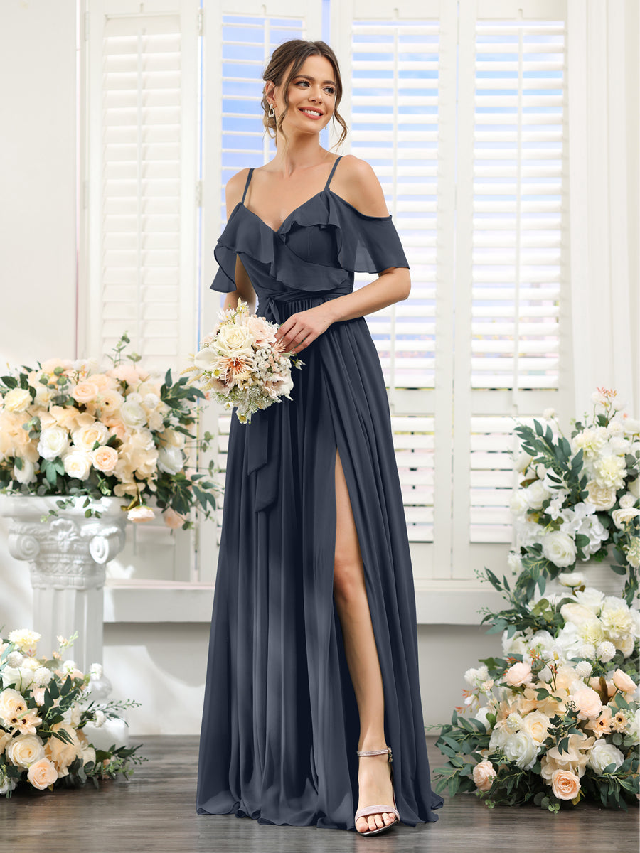 A-Line V-Neck Spaghetti Straps Chiffon Bridesmaid Dresses with Pockets Navy Blue