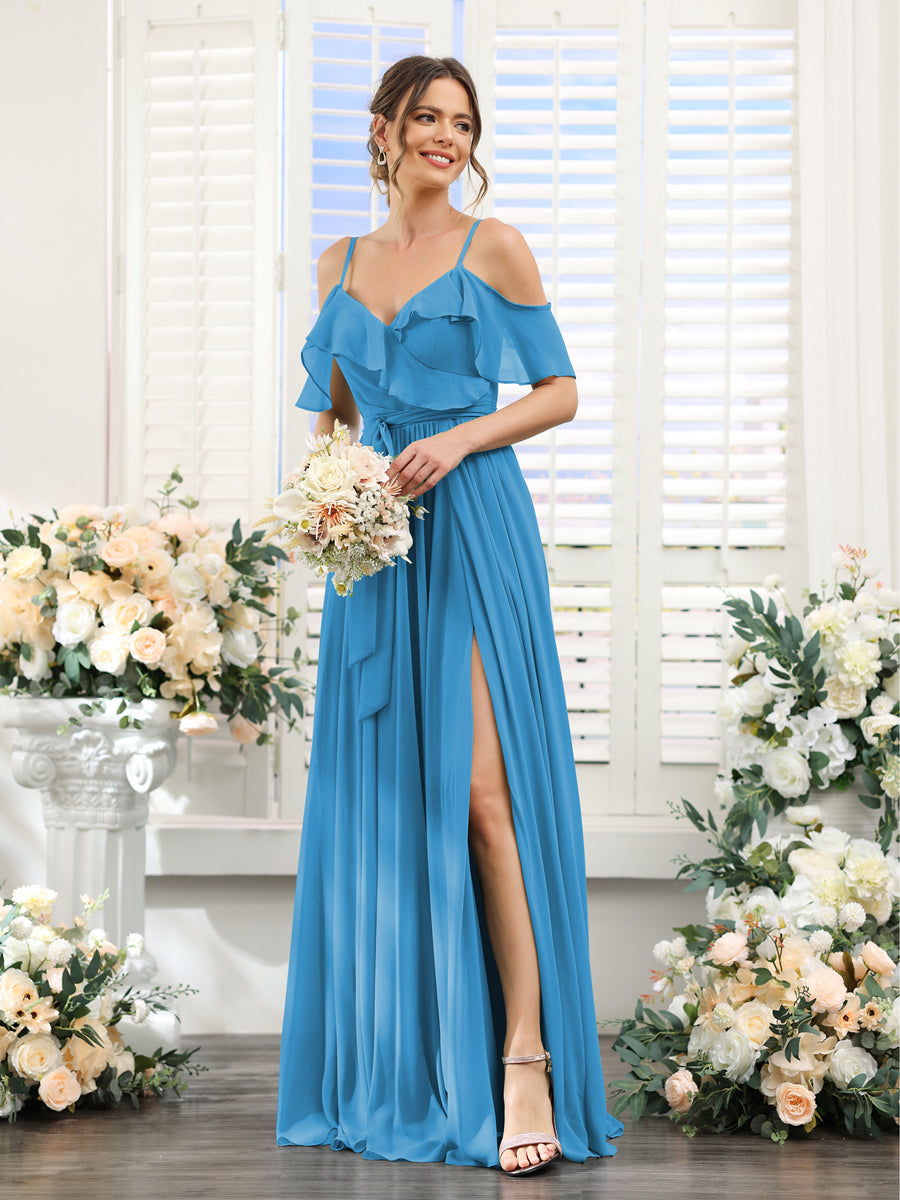 A-Line V-Neck Spaghetti Straps Chiffon Bridesmaid Dresses with Pockets Ocean Blue