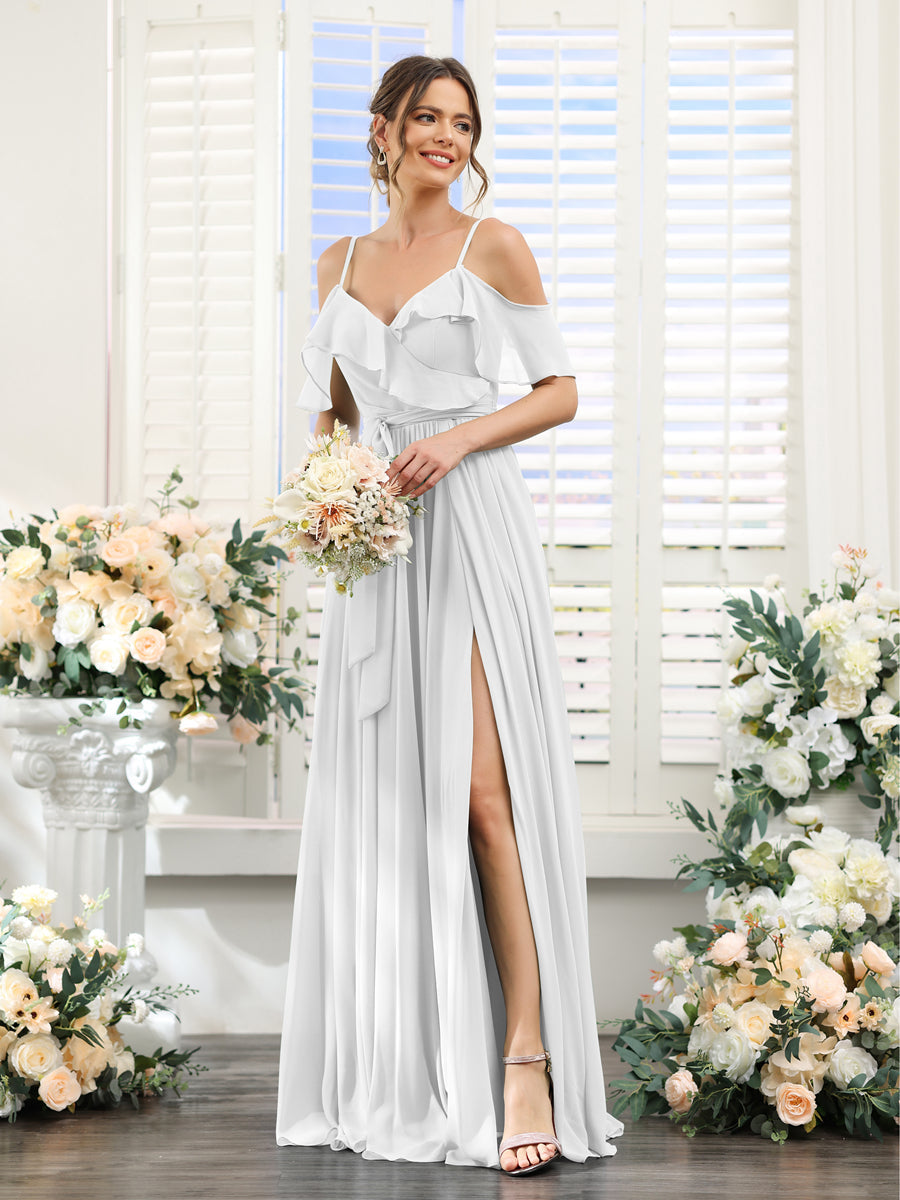 A-Line V-Neck Spaghetti Straps Chiffon Bridesmaid Dresses with Pockets Off White